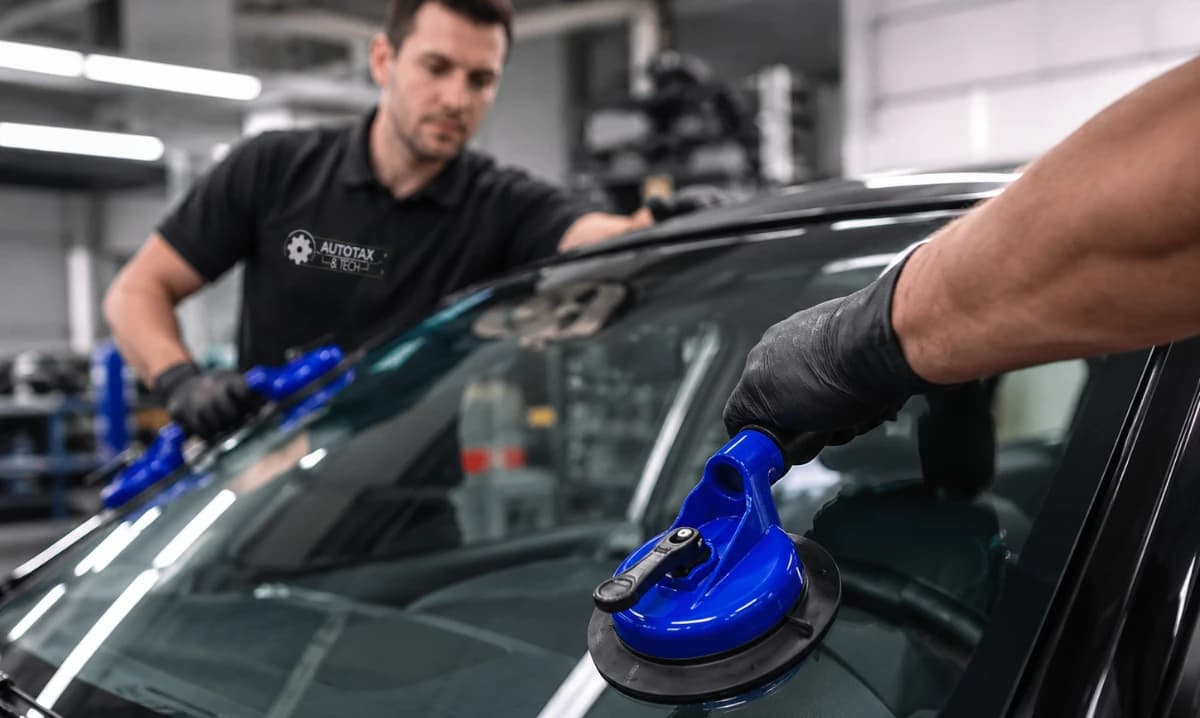 Technicien AUTO TAX & TECH posant un pare-brise